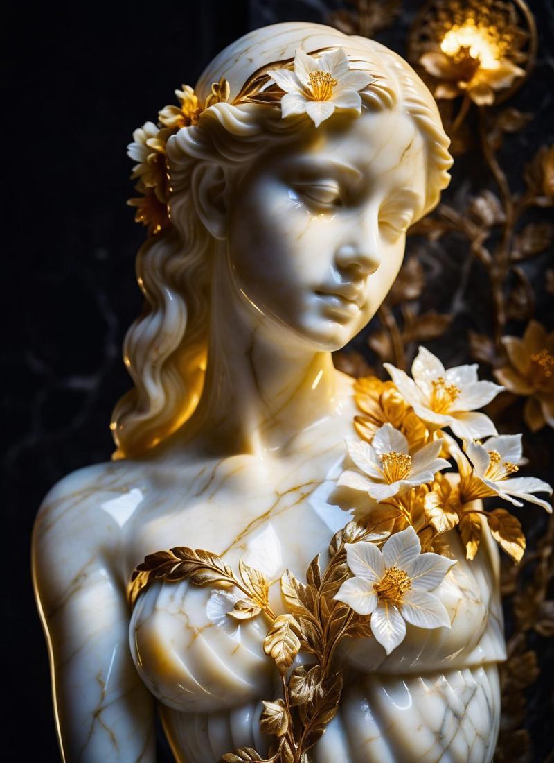 00673-710369968-white marble sculpture of a girl with golden veins, flowers carved from marble in her chest, through which warm light flows, mar.jpg